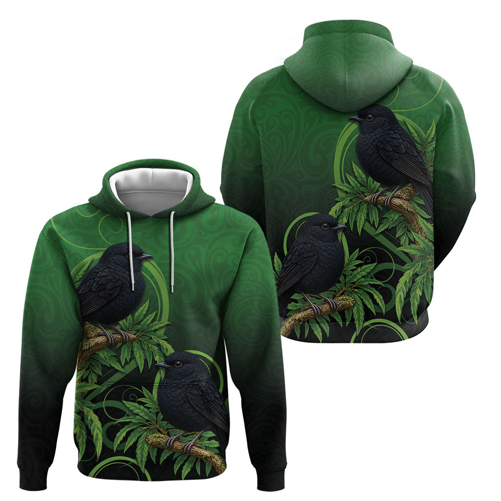 New Zealand Black Robin Hoodie Karure Maori Koru Art Tattoo