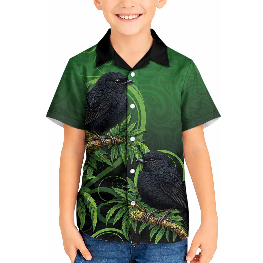 New Zealand Black Robin Kid Hawaiian Shirt Karure Maori Koru Art Tattoo