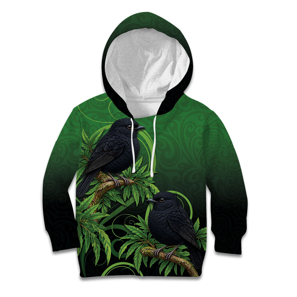 New Zealand Black Robin Kid Hoodie Karure Maori Koru Art Tattoo