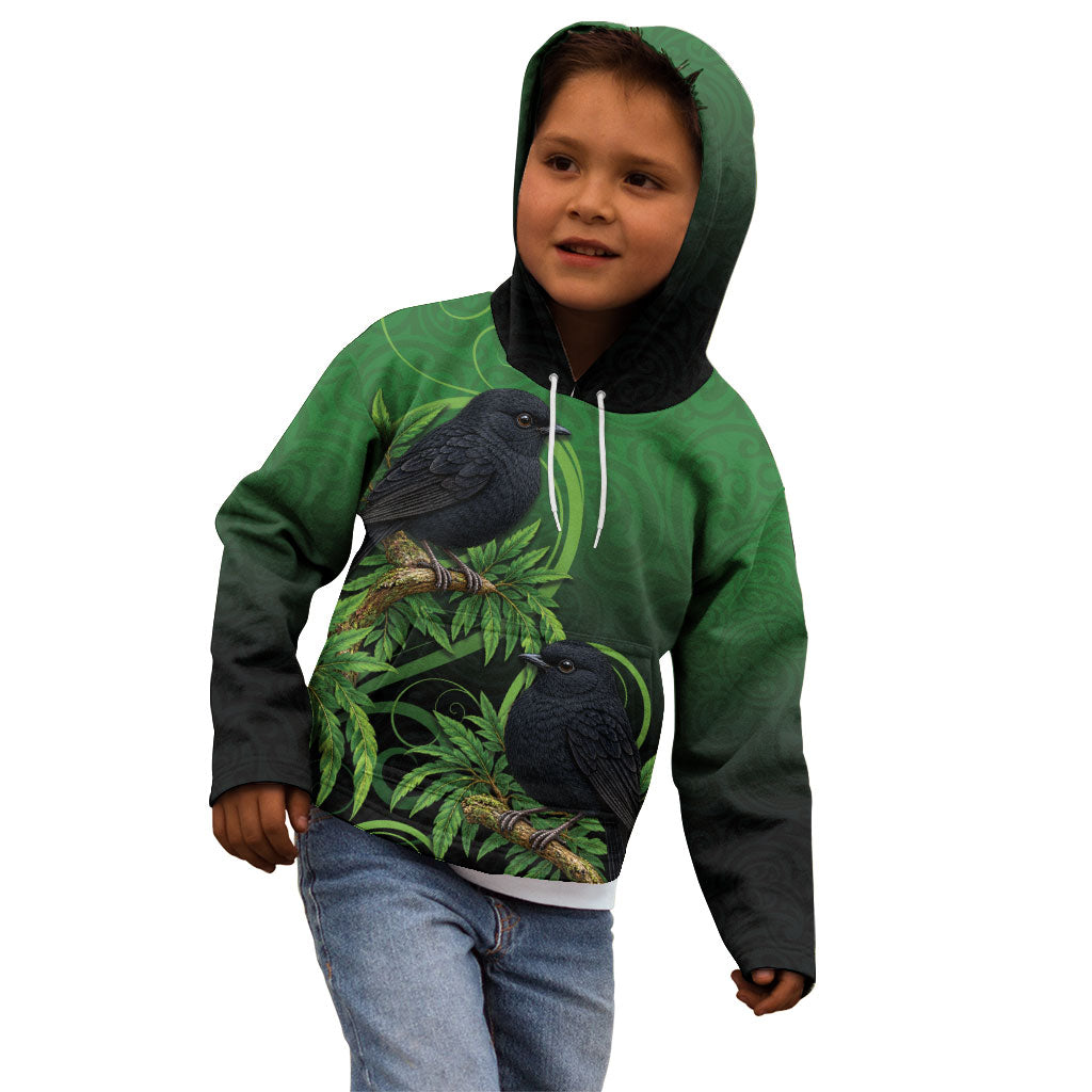 New Zealand Black Robin Kid Hoodie Karure Maori Koru Art Tattoo
