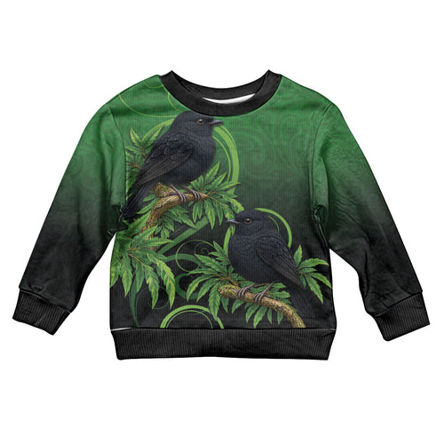 New Zealand Black Robin Kid Ugly Christmas Sweater Karure Maori Koru Art Tattoo