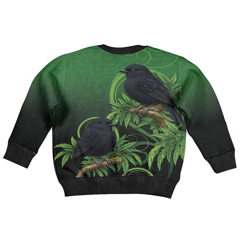 New Zealand Black Robin Kid Ugly Christmas Sweater Karure Maori Koru Art Tattoo