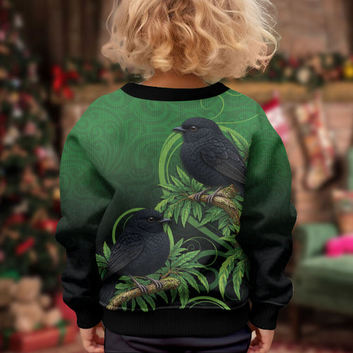 New Zealand Black Robin Kid Ugly Christmas Sweater Karure Maori Koru Art Tattoo