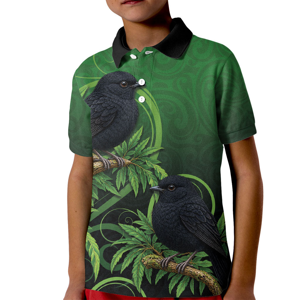 New Zealand Black Robin Kid Polo Shirt Karure Maori Koru Art Tattoo