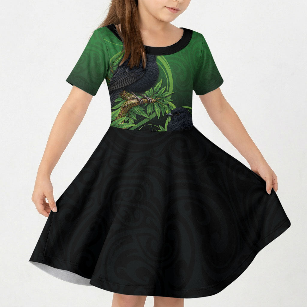 New Zealand Black Robin Kid Short Sleeve Dress Karure Maori Koru Art Tattoo