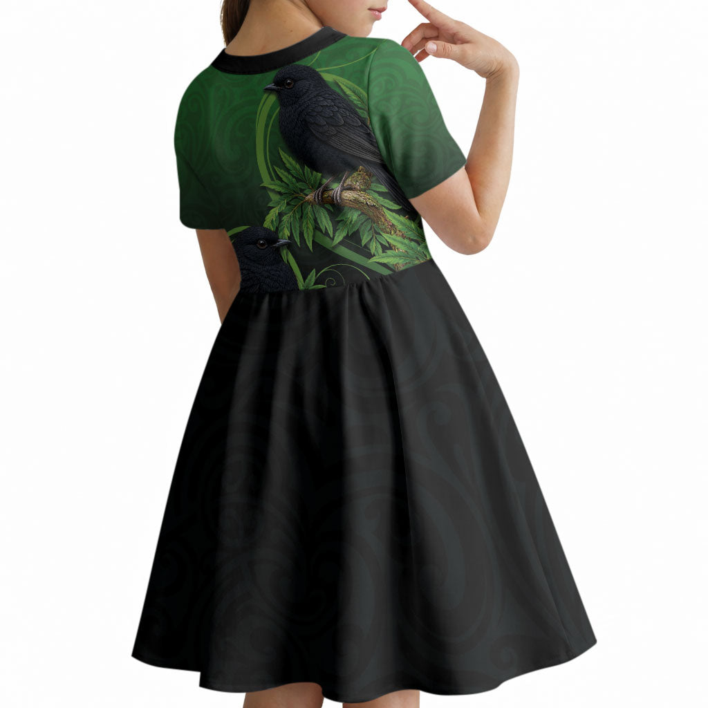 New Zealand Black Robin Kid Short Sleeve Dress Karure Maori Koru Art Tattoo