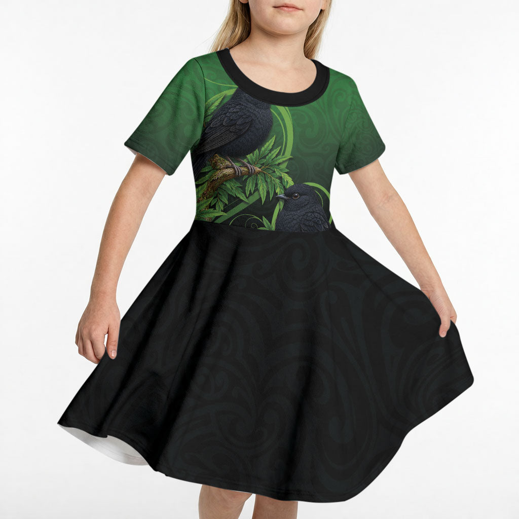 New Zealand Black Robin Kid Short Sleeve Dress Karure Maori Koru Art Tattoo