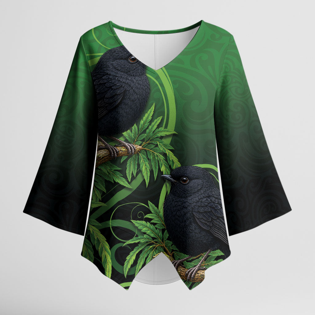 New Zealand Black Robin Kimono Sleeve Blouse Karure Maori Koru Art Tattoo