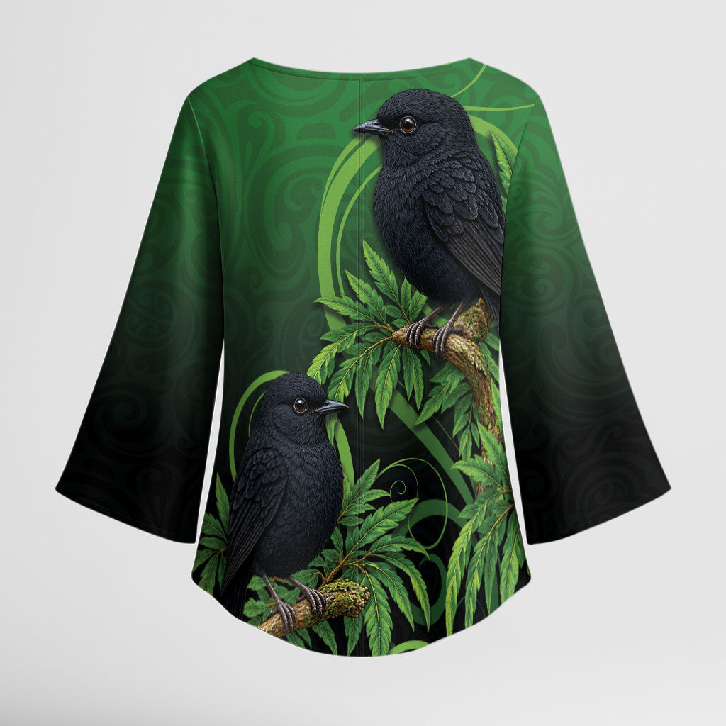 New Zealand Black Robin Kimono Sleeve Blouse Karure Maori Koru Art Tattoo