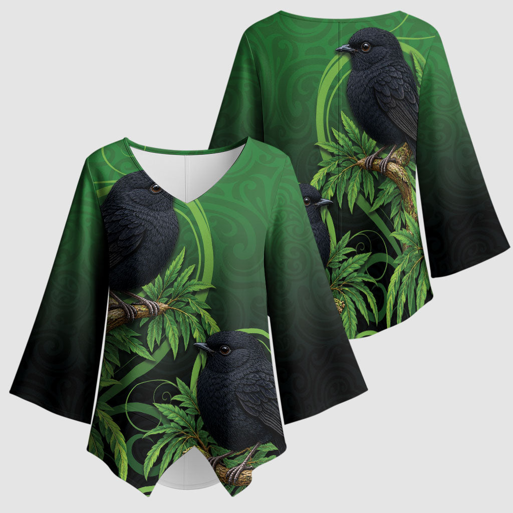 New Zealand Black Robin Kimono Sleeve Blouse Karure Maori Koru Art Tattoo