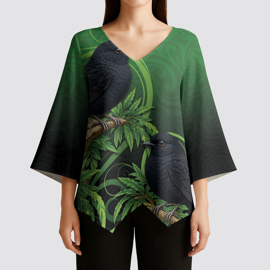 New Zealand Black Robin Kimono Sleeve Blouse Karure Maori Koru Art Tattoo