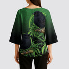 New Zealand Black Robin Kimono Sleeve Blouse Karure Maori Koru Art Tattoo