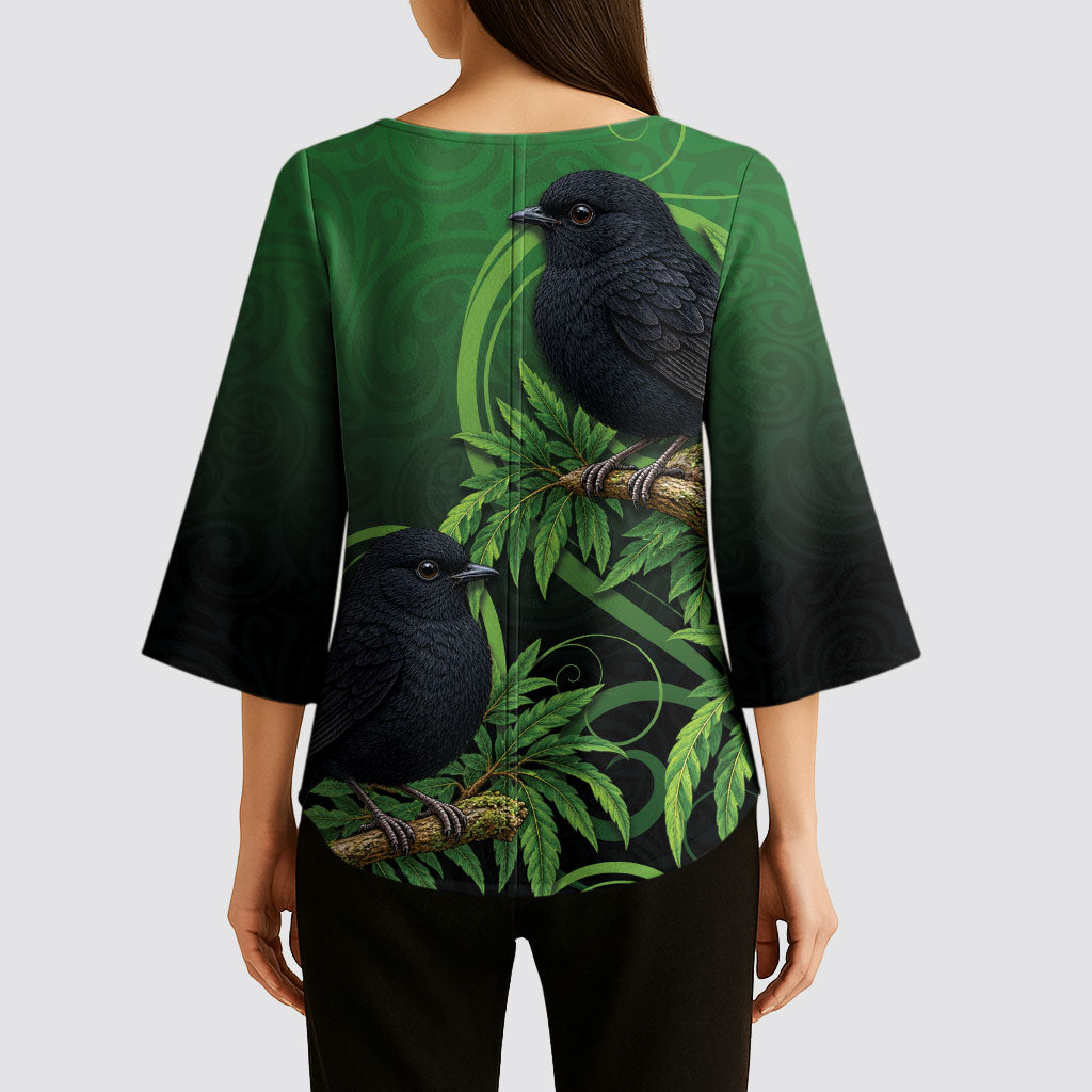 New Zealand Black Robin Kimono Sleeve Blouse Karure Maori Koru Art Tattoo