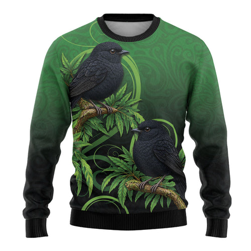 New Zealand Black Robin Ugly Christmas Sweater Karure Maori Koru Art Tattoo