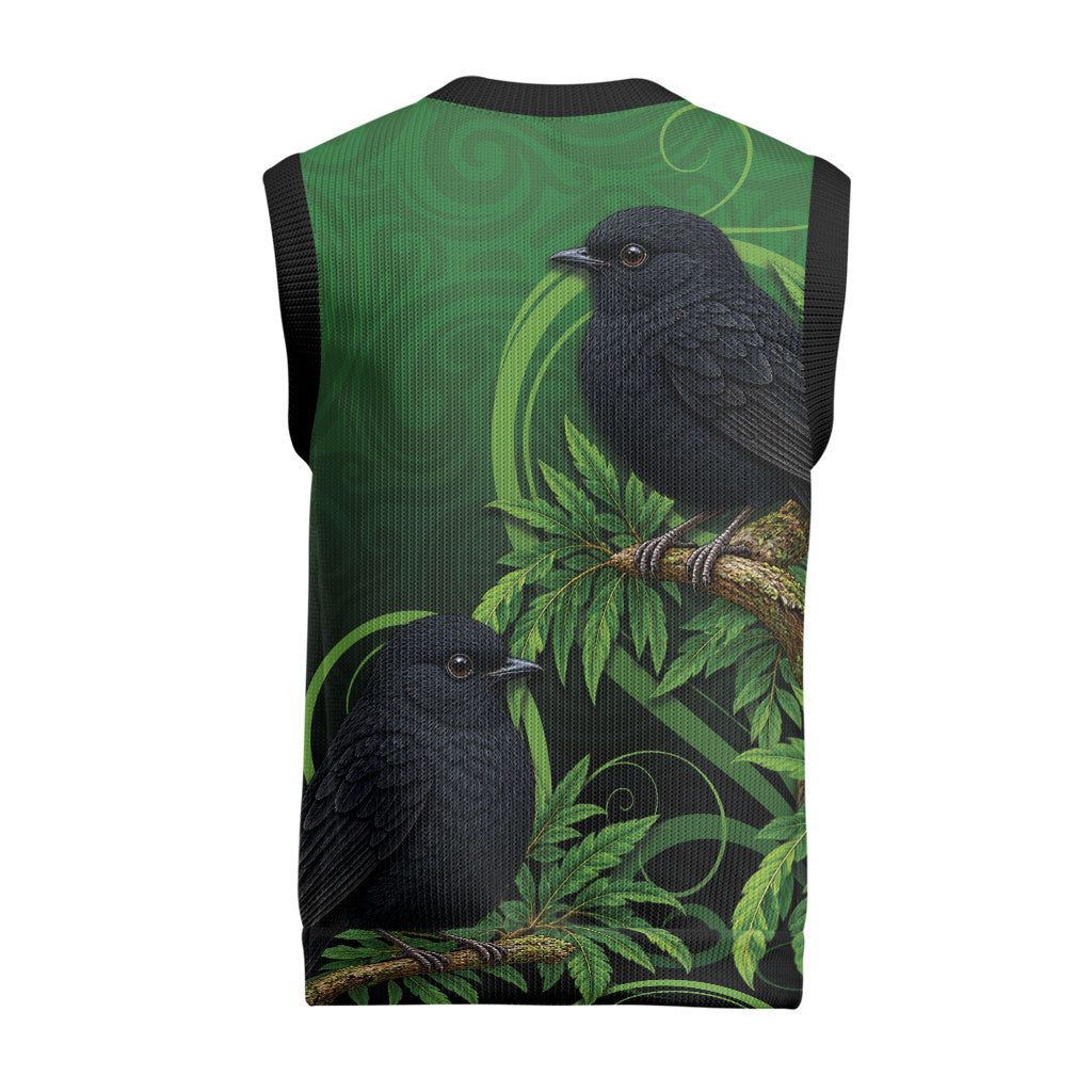 New Zealand Black Robin Christmas Knitted V-Neck Vest Karure Maori Koru Art Tattoo