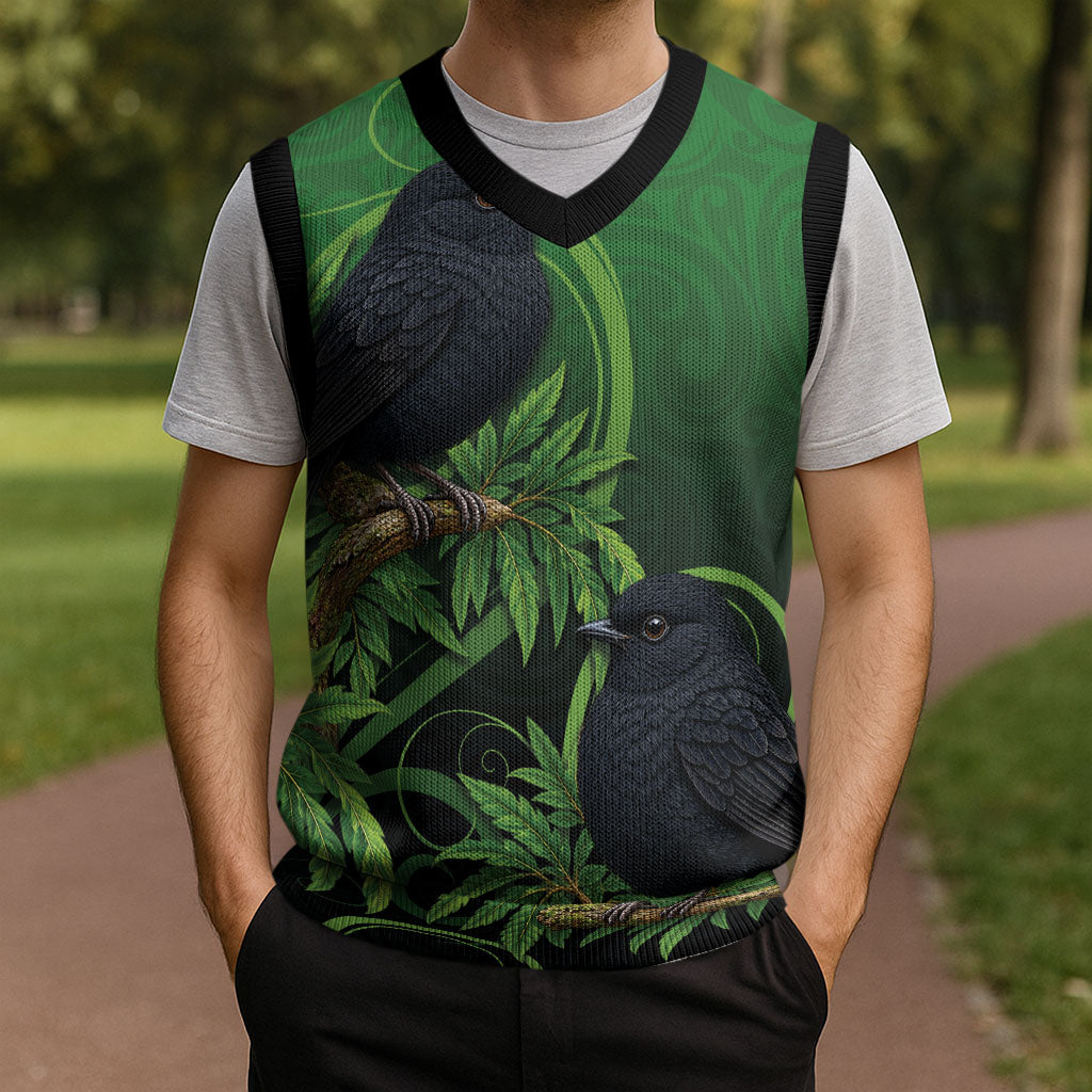 New Zealand Black Robin Christmas Knitted V-Neck Vest Karure Maori Koru Art Tattoo