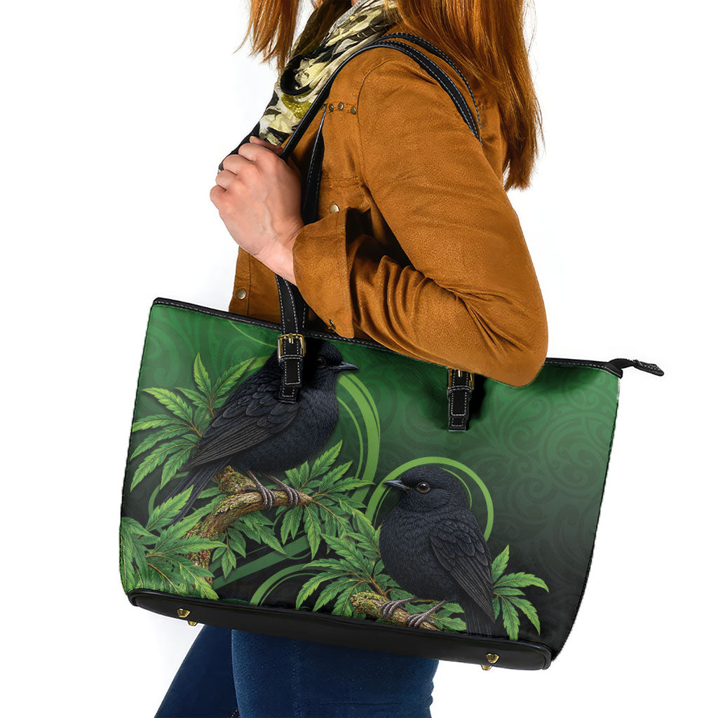 New Zealand Black Robin Leather Tote Bag Karure Maori Koru Art Tattoo
