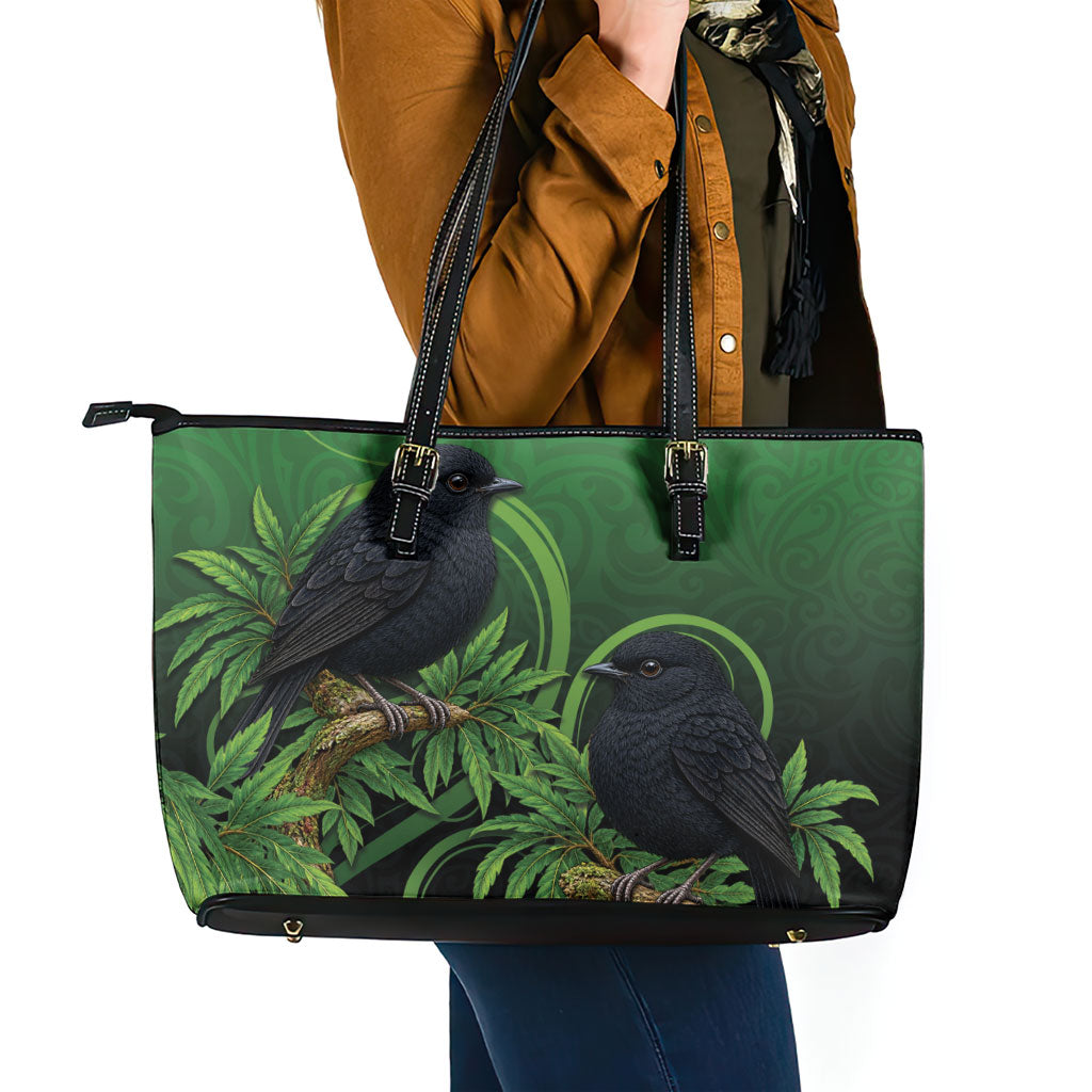 New Zealand Black Robin Leather Tote Bag Karure Maori Koru Art Tattoo