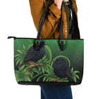 New Zealand Black Robin Leather Tote Bag Karure Maori Koru Art Tattoo