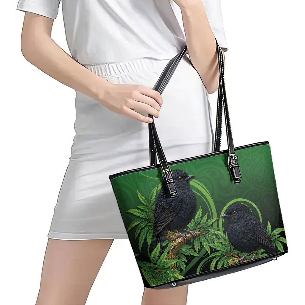 New Zealand Black Robin Leather Tote Bag Karure Maori Koru Art Tattoo