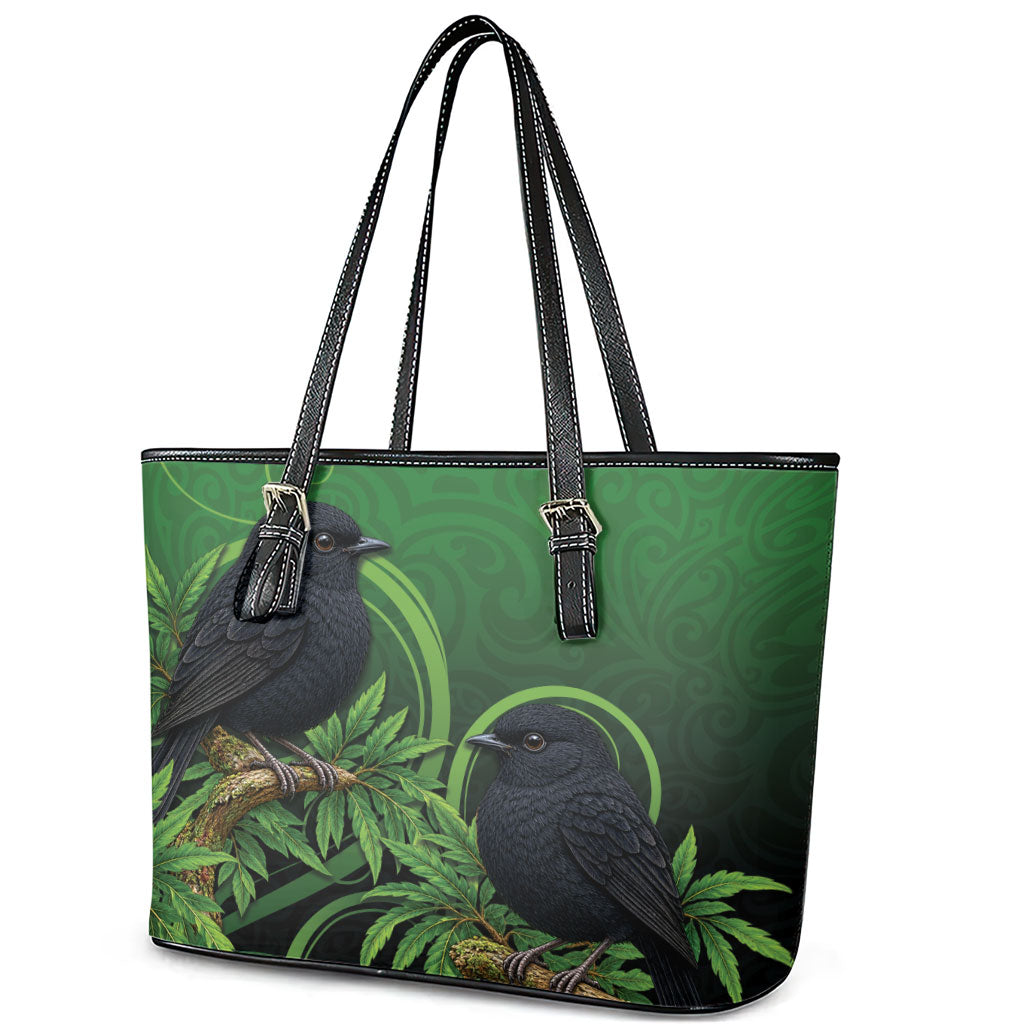 New Zealand Black Robin Leather Tote Bag Karure Maori Koru Art Tattoo