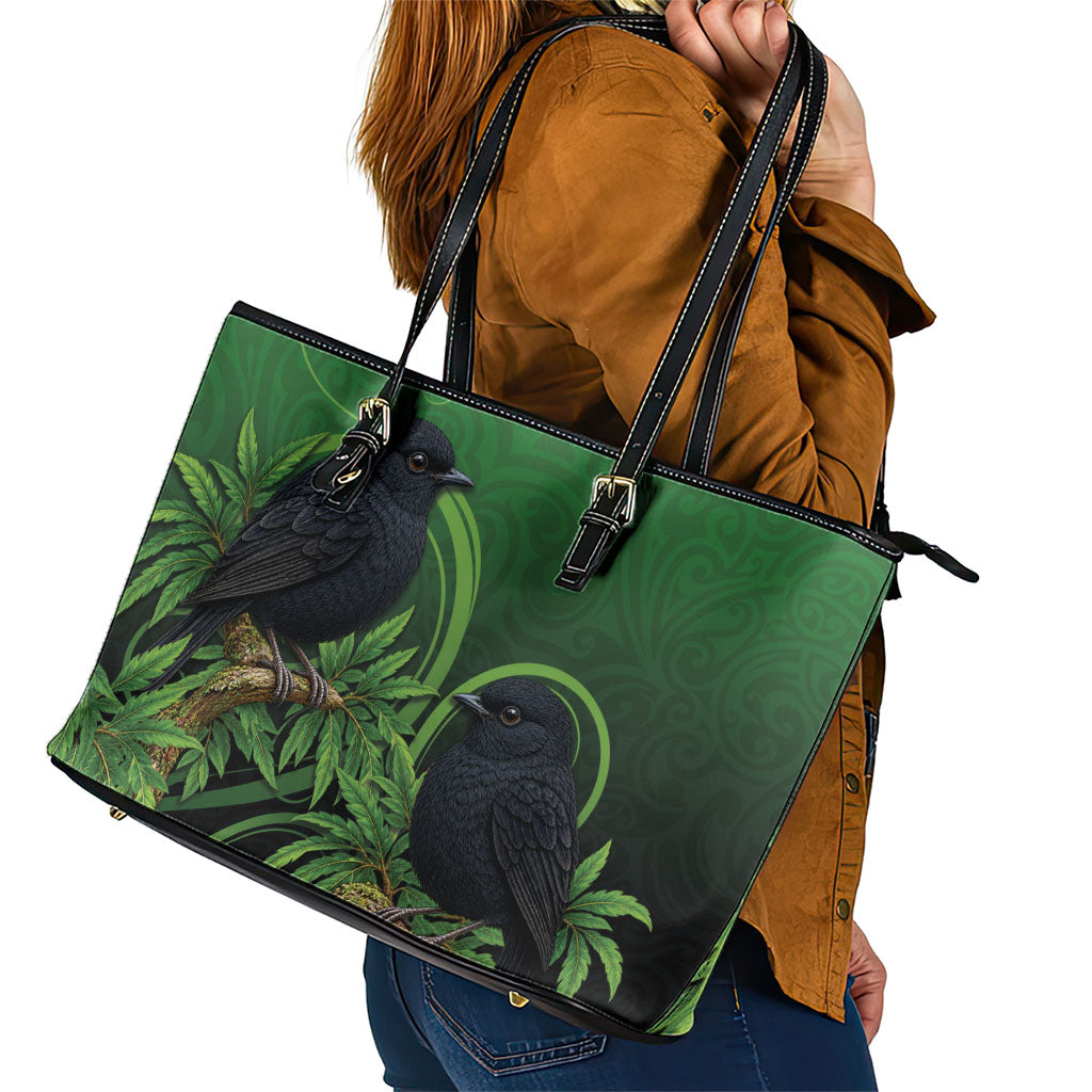 New Zealand Black Robin Leather Tote Bag Karure Maori Koru Art Tattoo