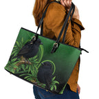 New Zealand Black Robin Leather Tote Bag Karure Maori Koru Art Tattoo