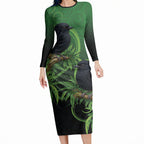 New Zealand Black Robin Long Sleeve Bodycon Dress Karure Maori Koru Art Tattoo