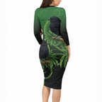 New Zealand Black Robin Long Sleeve Bodycon Dress Karure Maori Koru Art Tattoo