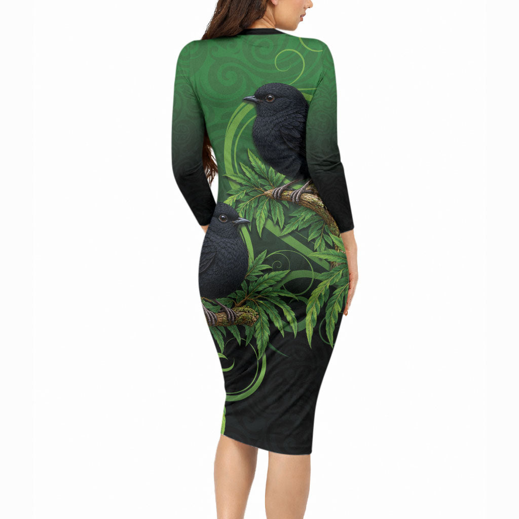 New Zealand Black Robin Long Sleeve Bodycon Dress Karure Maori Koru Art Tattoo