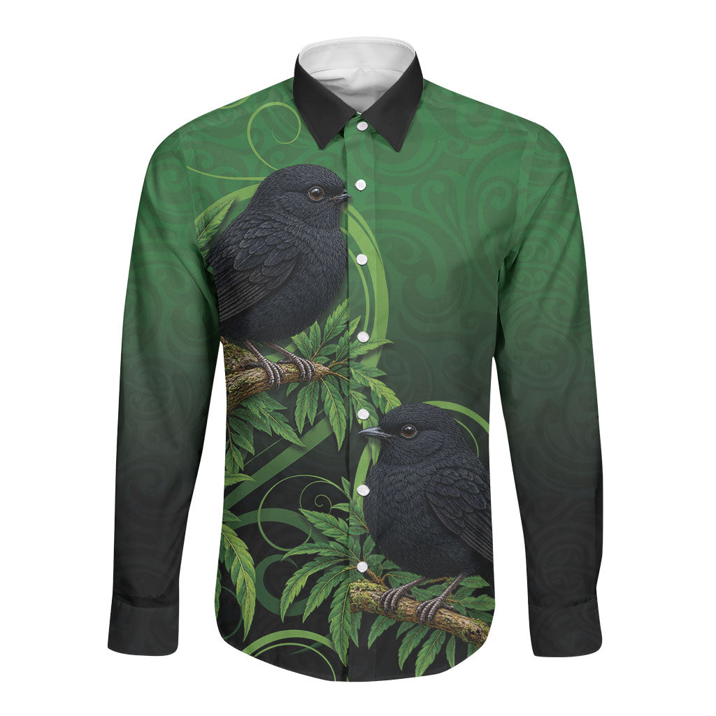 New Zealand Black Robin Long Sleeve Button Shirt Karure Maori Koru Art Tattoo