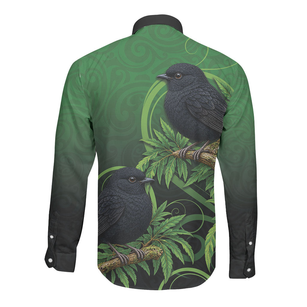 New Zealand Black Robin Long Sleeve Button Shirt Karure Maori Koru Art Tattoo