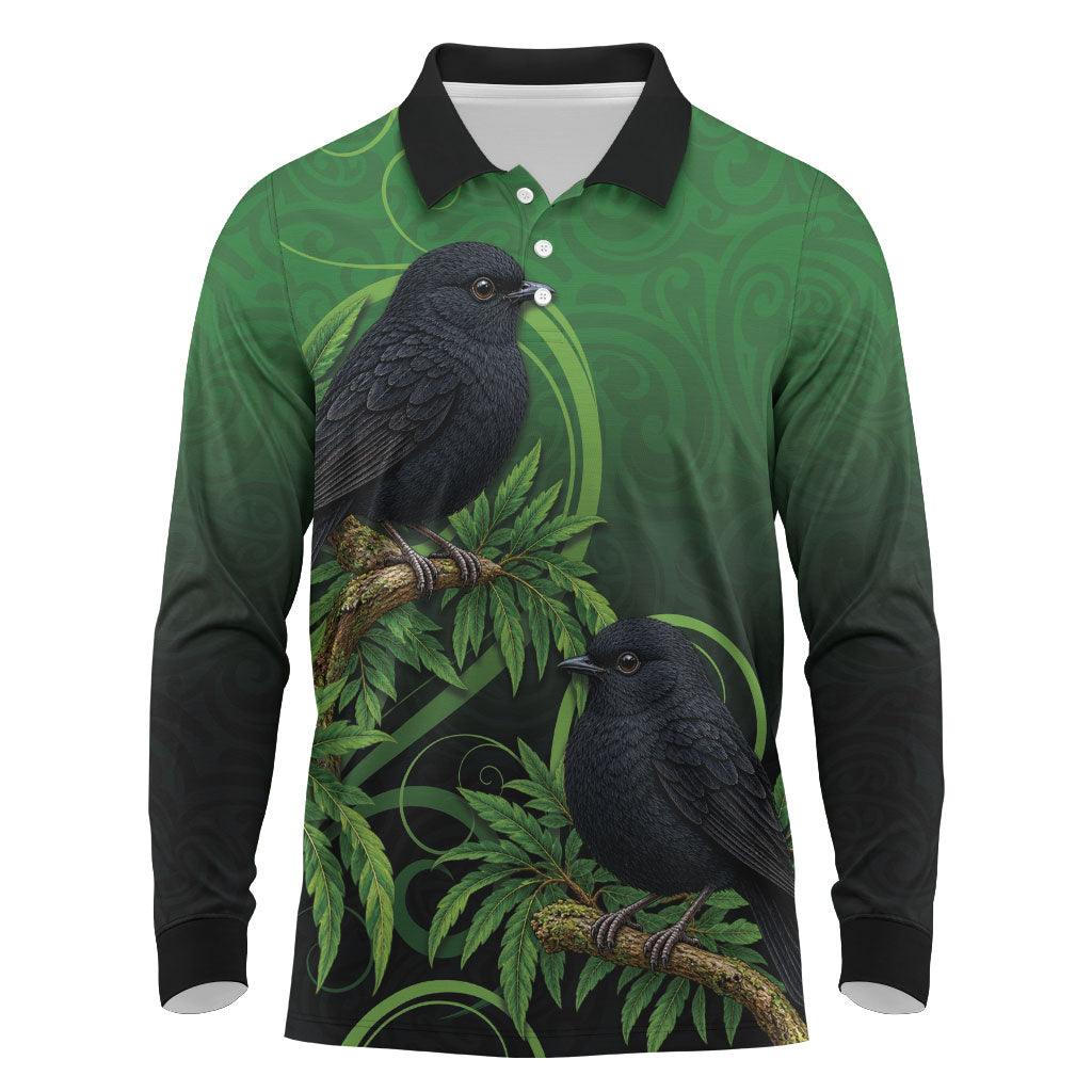 New Zealand Black Robin Long Sleeve Polo Shirt Karure Maori Koru Art Tattoo