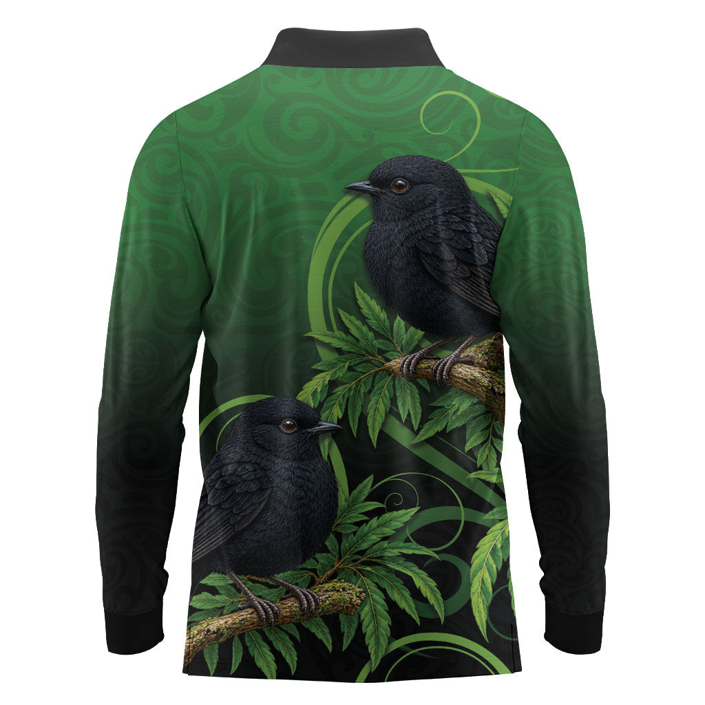 New Zealand Black Robin Long Sleeve Polo Shirt Karure Maori Koru Art Tattoo