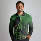 New Zealand Black Robin Long Sleeve Polo Shirt Karure Maori Koru Art Tattoo