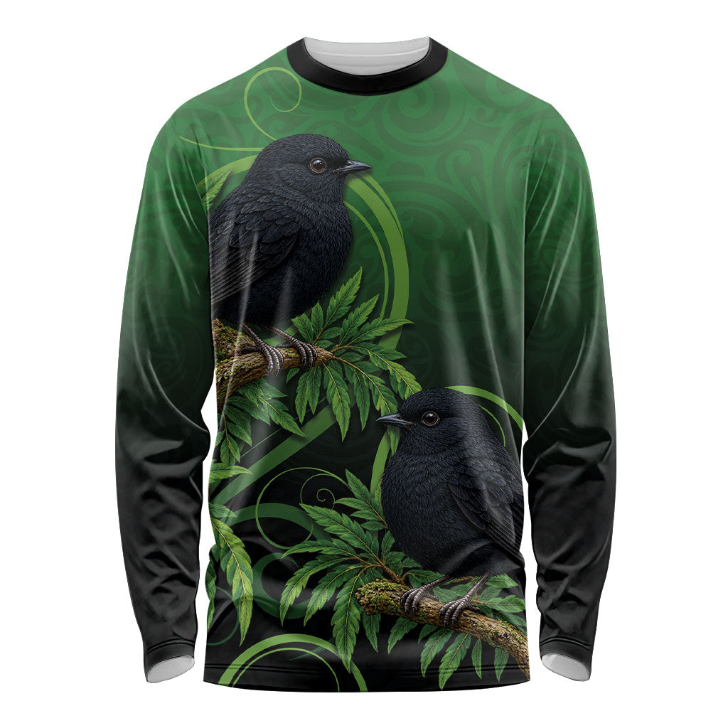 New Zealand Black Robin Long Sleeve Shirt Karure Maori Koru Art Tattoo