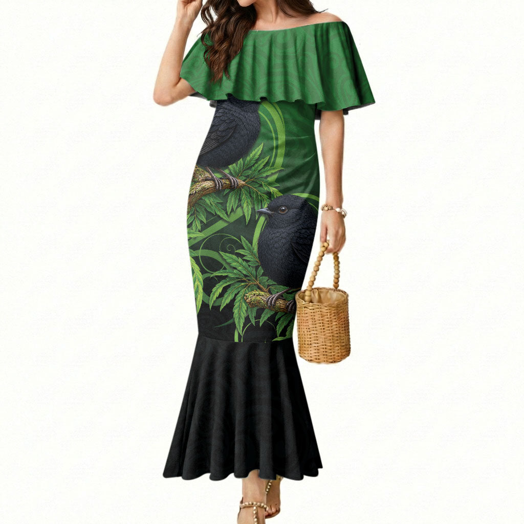 New Zealand Black Robin Mermaid Dress Karure Maori Koru Art Tattoo