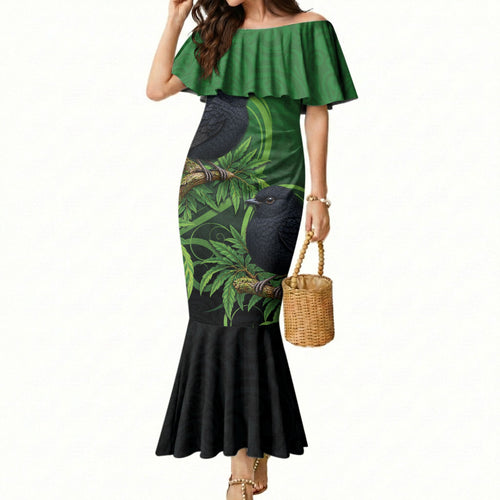 New Zealand Black Robin Mermaid Dress Karure Maori Koru Art Tattoo