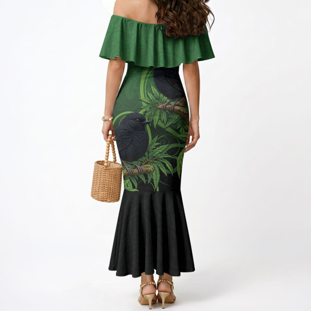 New Zealand Black Robin Mermaid Dress Karure Maori Koru Art Tattoo