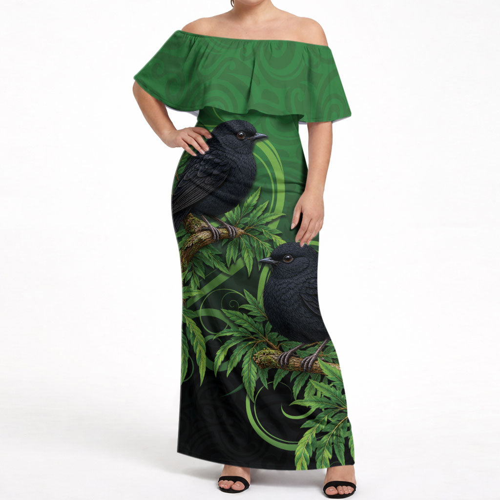 New Zealand Black Robin Off Shoulder Maxi Dress Karure Maori Koru Art Tattoo