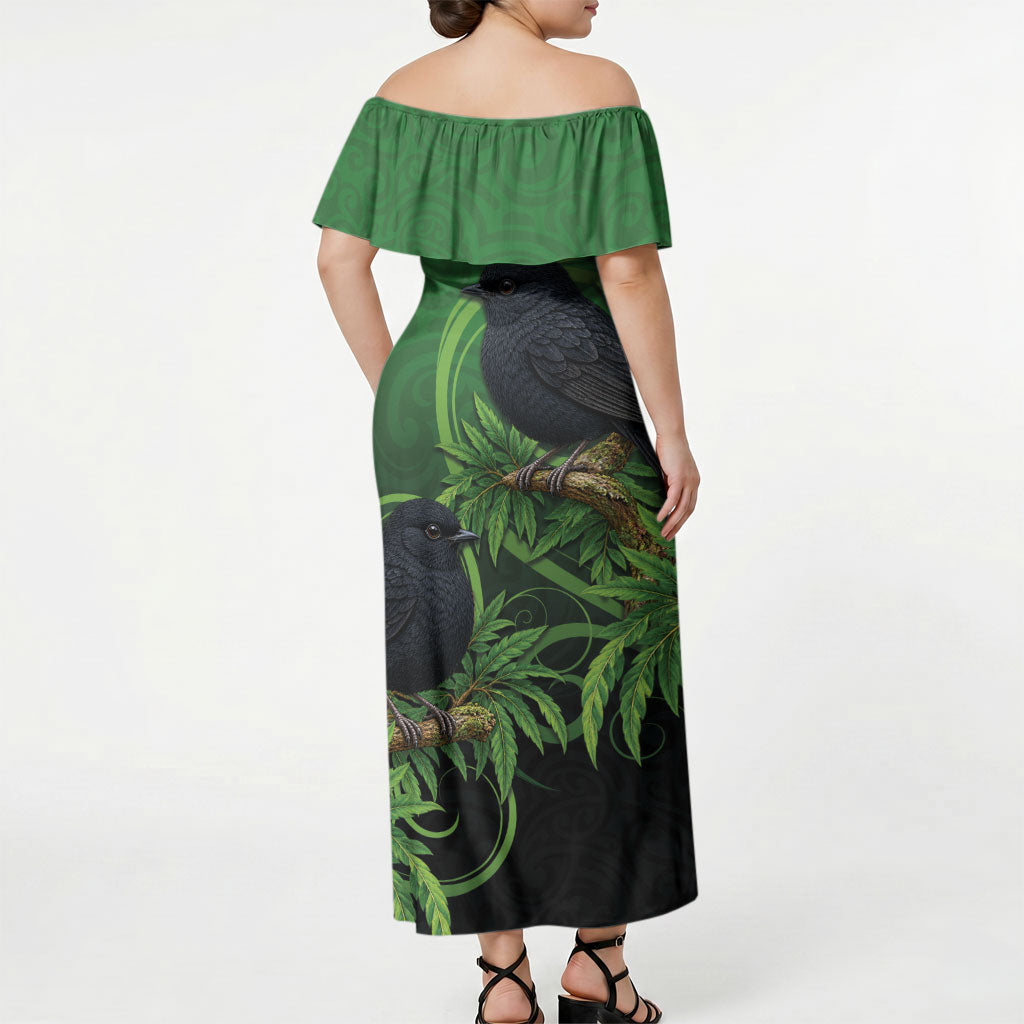 New Zealand Black Robin Off Shoulder Maxi Dress Karure Maori Koru Art Tattoo