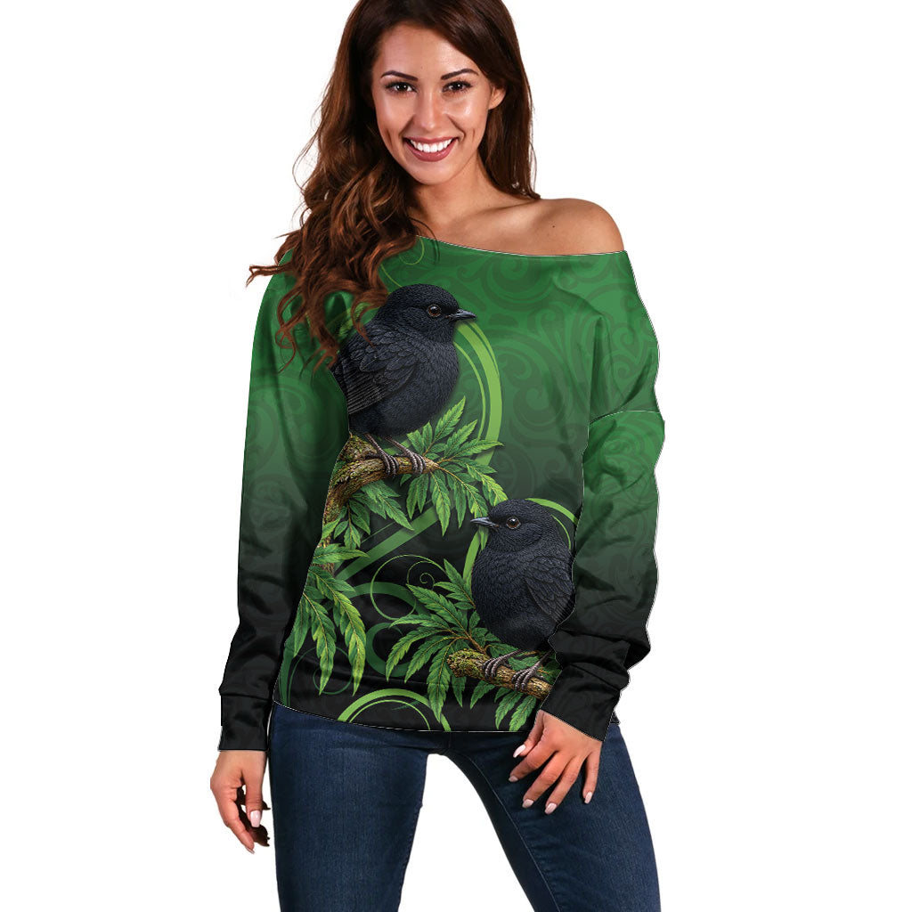 New Zealand Black Robin Off Shoulder Sweater Karure Maori Koru Art Tattoo