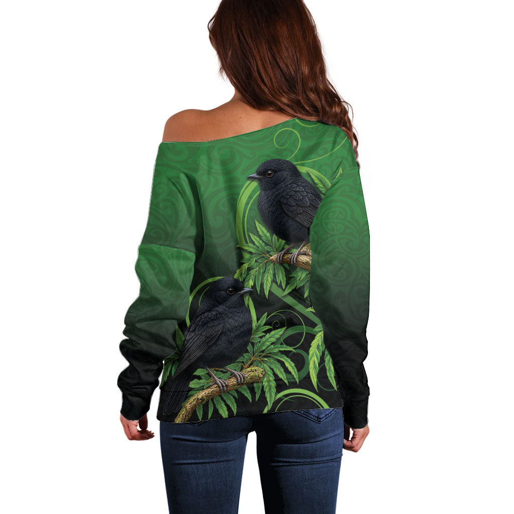 New Zealand Black Robin Off Shoulder Sweater Karure Maori Koru Art Tattoo
