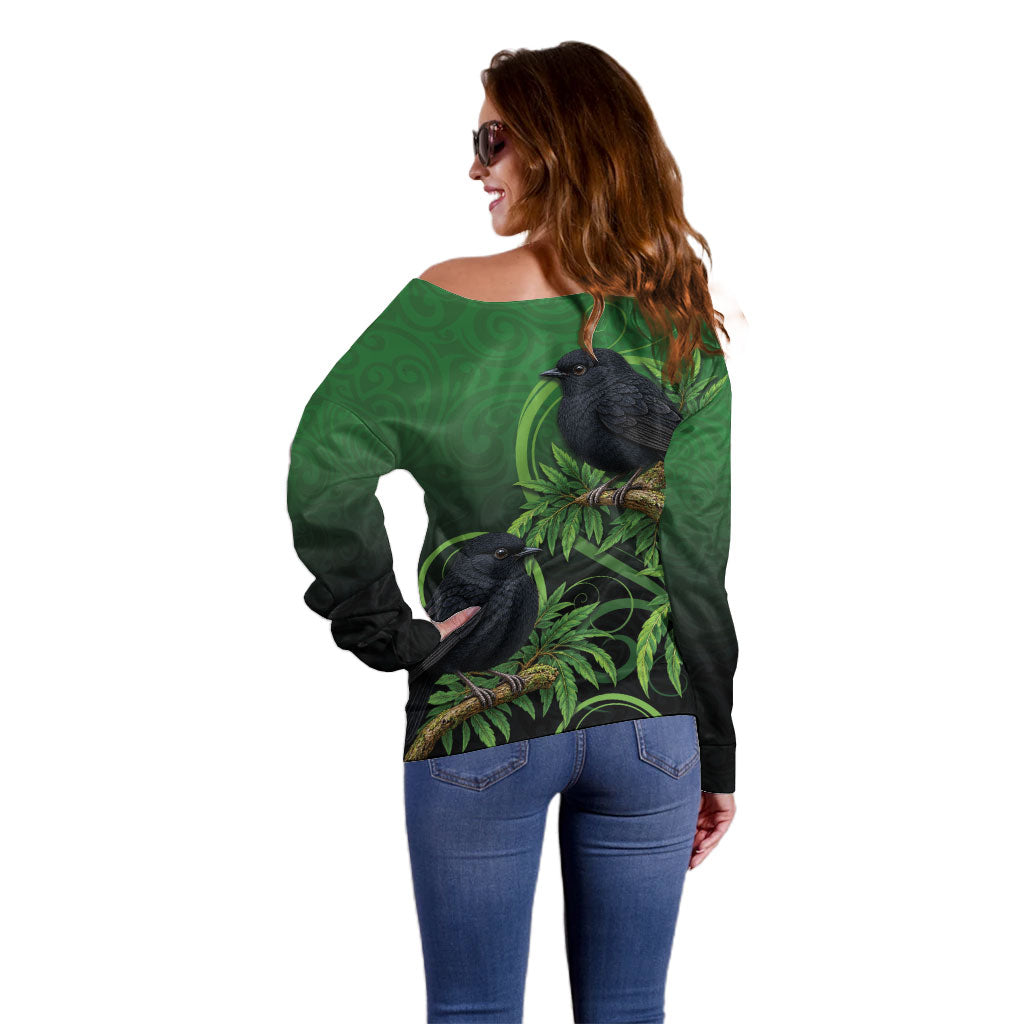 New Zealand Black Robin Off Shoulder Sweater Karure Maori Koru Art Tattoo