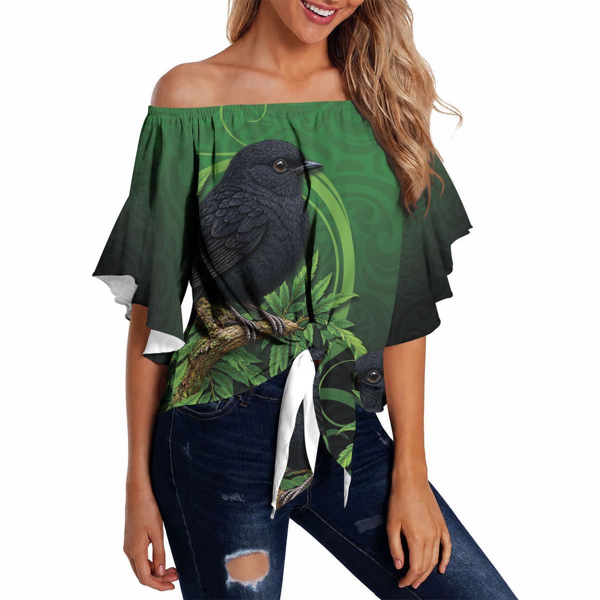 New Zealand Black Robin Off Shoulder Wrap Waist Top Karure Maori Koru Art Tattoo