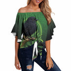 New Zealand Black Robin Off Shoulder Wrap Waist Top Karure Maori Koru Art Tattoo