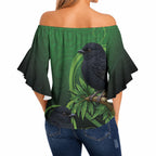 New Zealand Black Robin Off Shoulder Wrap Waist Top Karure Maori Koru Art Tattoo