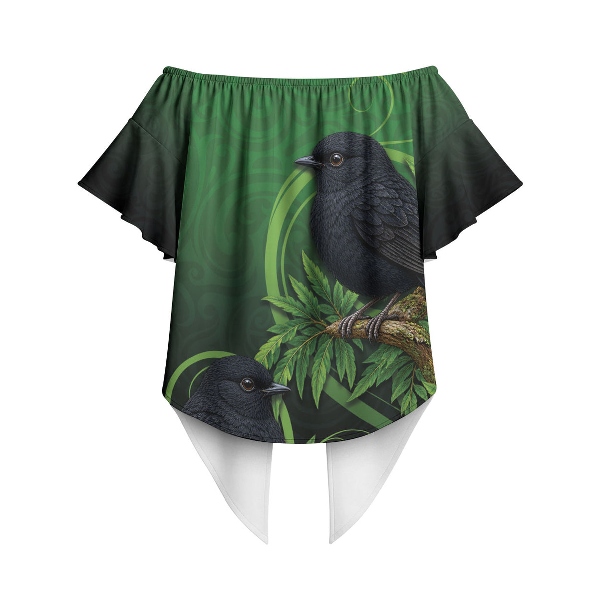 New Zealand Black Robin Off Shoulder Wrap Waist Top Karure Maori Koru Art Tattoo