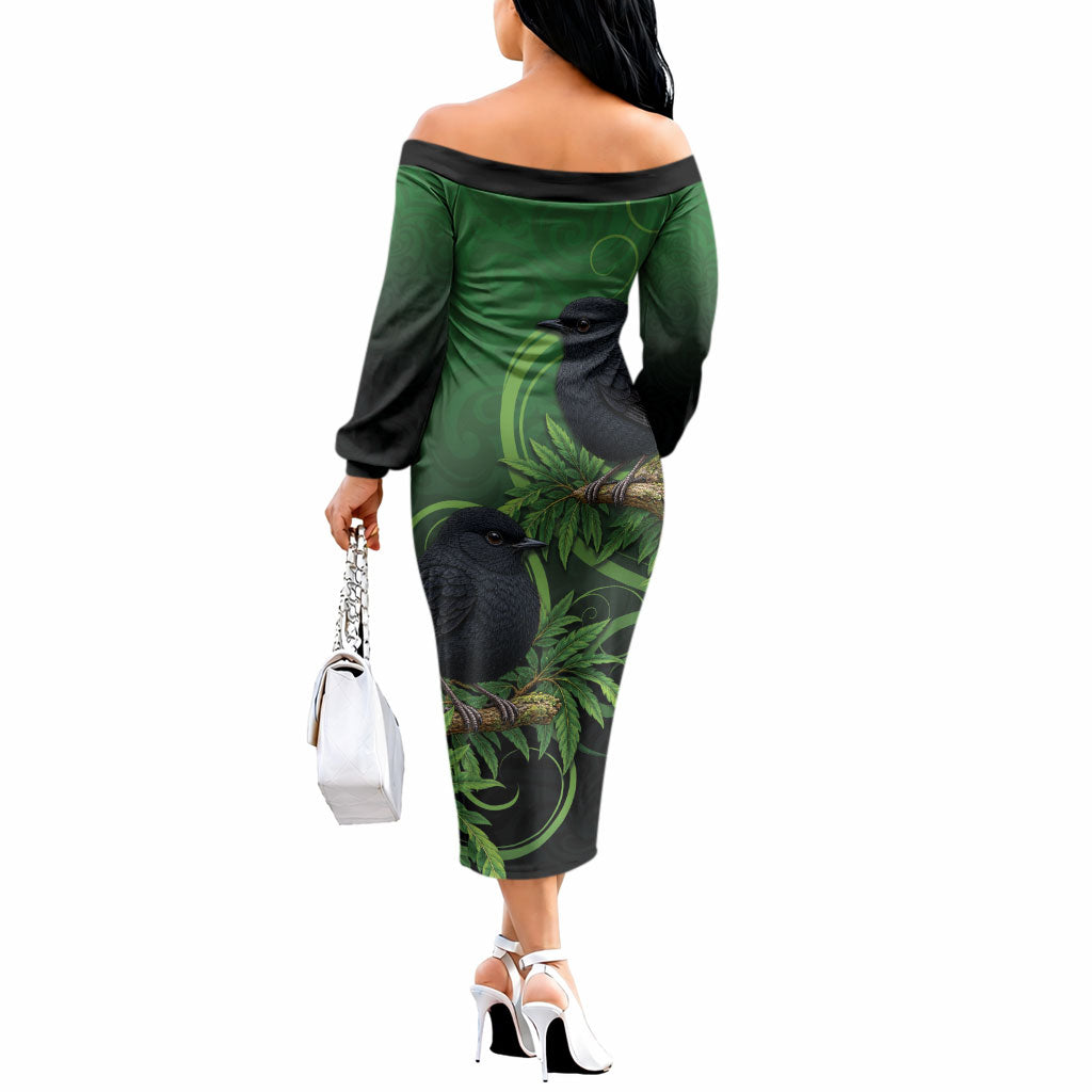 New Zealand Black Robin Off The Shoulder Long Sleeve Dress Karure Maori Koru Art Tattoo