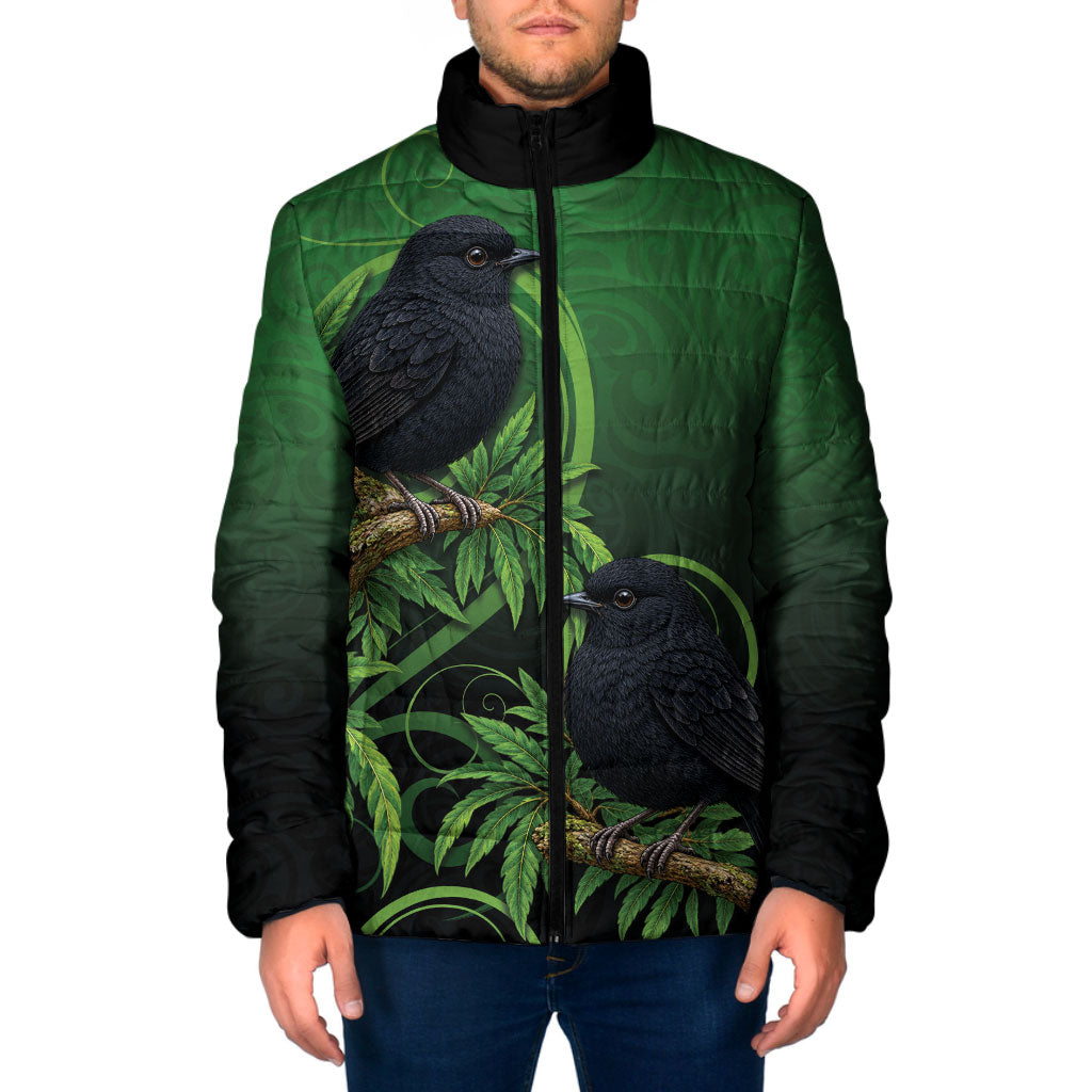 New Zealand Black Robin Padded Jacket Karure Maori Koru Art Tattoo